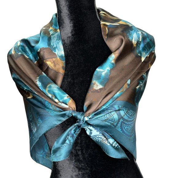 Adrienne Vittadini Scarf Womens Square 34" Brown Blue Floral Flowers Silk Vintag - Picture 2 of 11